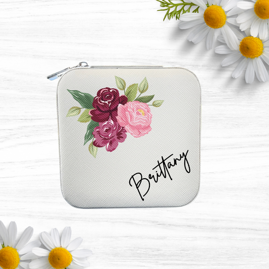 Personalized Travel Jewelry Case, Custom Printed Jewelry Box with Name and Flowers