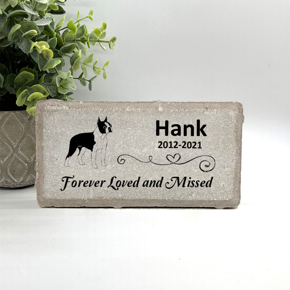 Personalized Boston Terrier Memorial Gifts with a variety of indoor and outdoor stone choices at www.florida-funshine.com. Our Custom Pet Memorial Stones serve as heartfelt sympathy gifts for those grieving a pet loss, ensuring a lasting tribute cherished for years. Enjoy free personalization, quick shipping in 1-2 business days, and quality crafted memorials made in the USA.