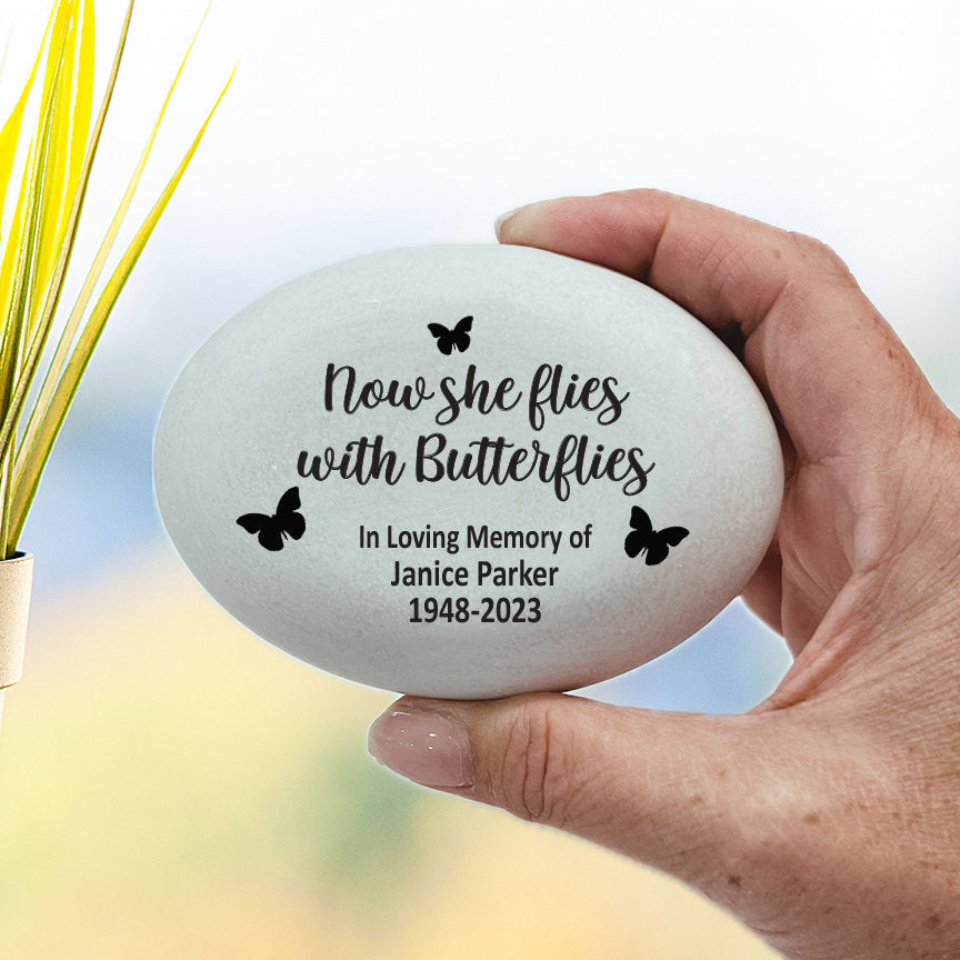 Memorial Stone - Now she flies with Butterflies - Sympathy Gift Bereavement Gift Funeral Gift - Condolence Gift - Custom Memorial Gift - MemorialGiftsandmore - Memorial Stones - People