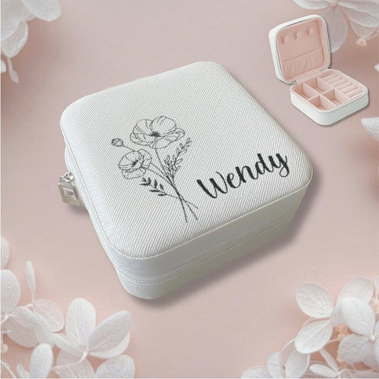 Personalized Travel Jewelry Case, Custom Printed Jewelry Box with Name and Birth Month Flower, Bridesmaids Proposal Gift, Traveler gift