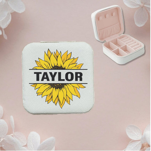 Personalized Travel Jewelry Case, Custom Printed Jewelry Box with Split Sunflower with Name, Bridesmaids Proposal Gift, Traveler gift