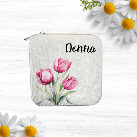 Personalized Travel Jewelry Case, Custom Printed Jewelry Box with Name and Tulip Flowers, Bridesmaids Proposal Gift, Traveler gift
