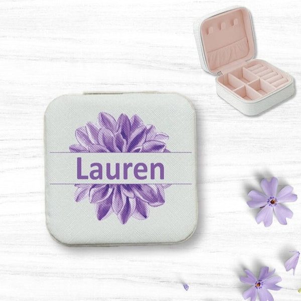 Personalized Travel Jewelry Case, Custom Printed Jewelry Box with Purple Flower and Name, Watercolor Flower, Monogram Traveler gift