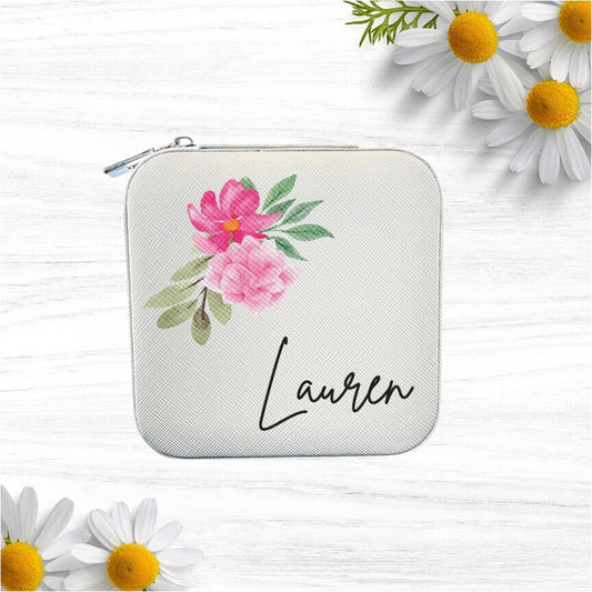 Personalized Travel Jewelry Case, Custom Printed Jewelry Box with Name and Flowers, Bridesmaids Proposal Gift, Traveler gift