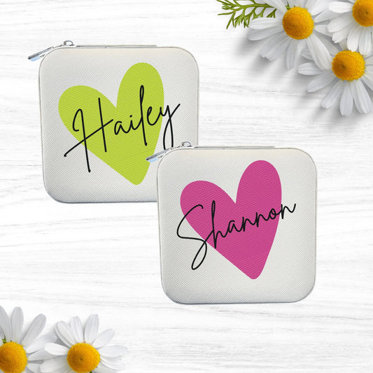 Personalized Travel Jewelry Case, Custom Printed Jewelry Box with Heart Color Choice and Name, Bridesmaids Proposal Gift, Traveler gift