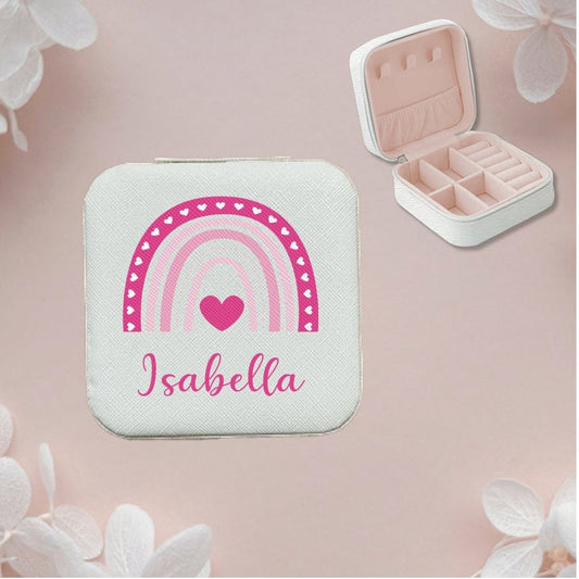 Personalized Jewelry Case for little girl, Custom Printed Jewelry Box with Name and Rainbow with hearts, Great Flower Girl Gift Idea