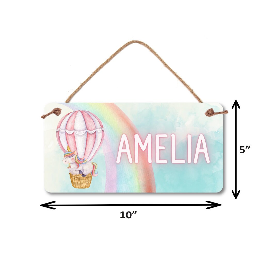 Unicorn Name Sign - 5" x 10" Room Sign - Kids bedroom Sign- Unicorn in hot air balloon with rainbow - Watercolor style Room Decor