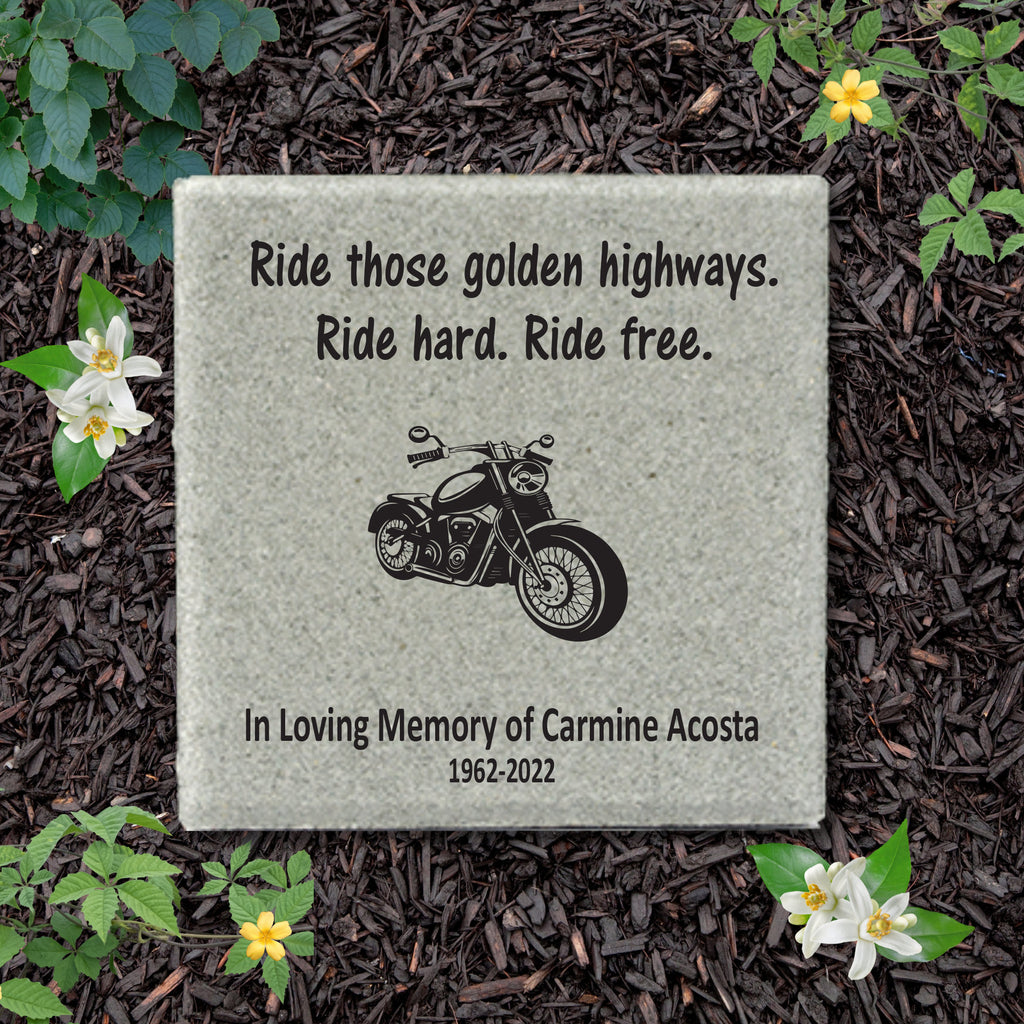 Personalized Biker Memorial Gift with a variety of indoor and outdoor stone choices at www.florida-funshine.com. Our Personalized Family And Friends Memorial Stones serve as heartfelt sympathy gifts for those grieving the loss of a loved one, ensuring a lasting tribute cherished for years. Enjoy free personalization, quick shipping in 1-2 business days, and quality crafted memorials made in the USA.