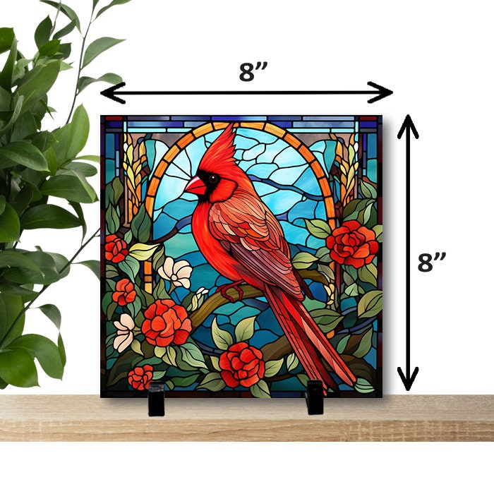 Cardinal Art - Stained glass look tile - Cardinal Print 8" x 8" custom Tile, Ceramic Tile Stained Glass Style Cardinal
