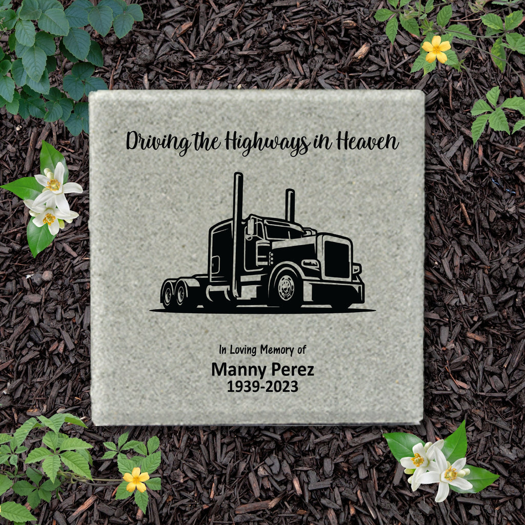 Personalized Truck Driver Memorial Gift with a variety of indoor and outdoor stone choices at www.florida-funshine.com. Our Personalized Family And Friends Memorial Stones serve as heartfelt sympathy gifts for those grieving the loss of a loved one, ensuring a lasting tribute cherished for years. Enjoy free personalization, quick shipping in 1-2 business days, and quality crafted memorials made in the USA.