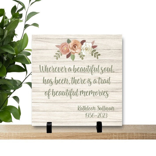 Memorial Gift - 8" x 8" Personalized Memorial Tile Plaque - Faux Wood Printed Background with flower - Memorial Gift - Custom memorial gift