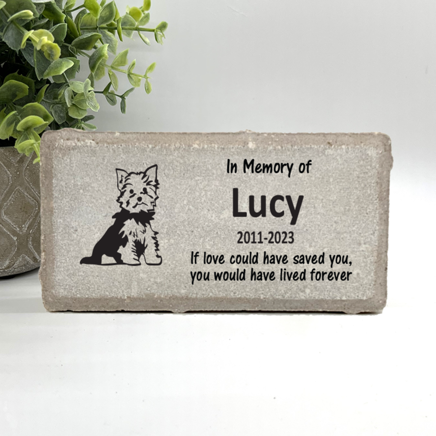 Personalized Yorkie Memorial Gifts with a variety of indoor and outdoor stone choices at www.florida-funshine.com. Our Custom Pet Memorial Stones serve as heartfelt sympathy gifts for those grieving a pet loss, ensuring a lasting tribute cherished for years. Enjoy free personalization, quick shipping in 1-2 business days, and quality crafted memorials made in the USA.