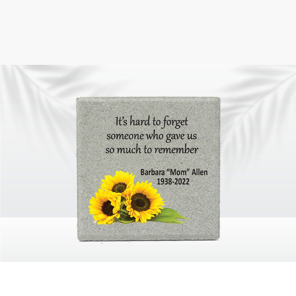 Personalized Sunflower Memorial Gift with a variety of indoor and outdoor stone choices at www.florida-funshine.com. Our Personalized Family And Friends Memorial Stones serve as heartfelt sympathy gifts for those grieving the loss of a loved one, ensuring a lasting tribute cherished for years. Enjoy free personalization, quick shipping in 1-2 business days, and quality crafted memorials made in the USA.