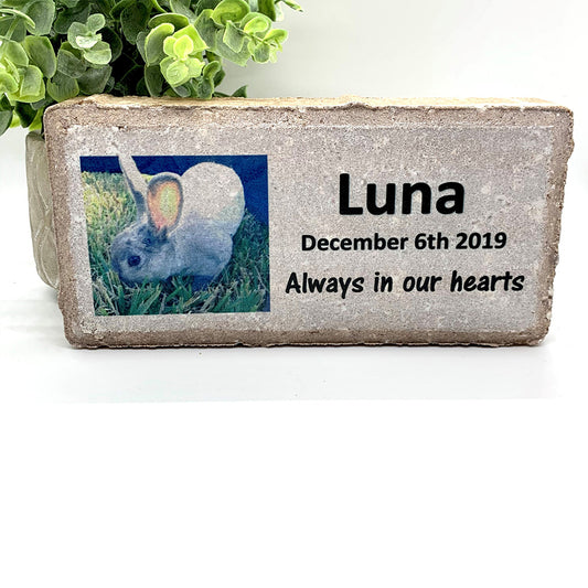 Personalized Rabbit Photo Memorial Gifts with a variety of indoor and outdoor stone choices at www.florida-funshine.com. Our Custom Pet Memorial Stones serve as heartfelt sympathy gifts for those grieving a pet loss, ensuring a lasting tribute cherished for years. Enjoy free personalization, quick shipping in 1-2 business days, and quality crafted memorials made in the USA.