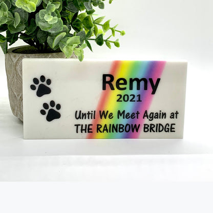 Personalized Rainbow Bridge Memorial Gifts with a variety of indoor and outdoor stone choices at www.florida-funshine.com. Our Custom Pet Memorial Stones serve as heartfelt sympathy gifts for those grieving a pet loss, ensuring a lasting tribute cherished for years. Enjoy free personalization, quick shipping in 1-2 business days, and quality crafted memorials made in the USA.