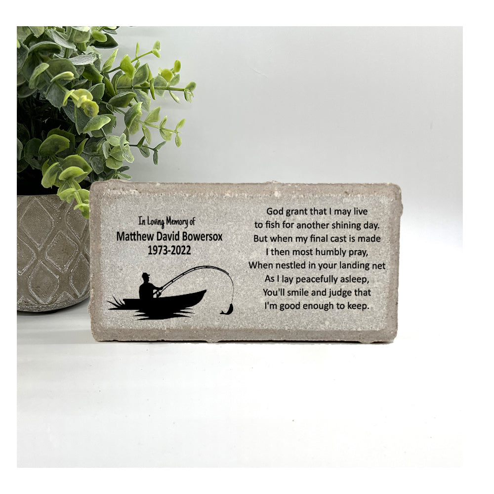 Personalized Fisherman's Prayer Memorial Gift with a variety of indoor and outdoor stone choices at www.florida-funshine.com. Our Personalized Family And Friends Memorial Stones serve as heartfelt sympathy gifts for those grieving the loss of a loved one, ensuring a lasting tribute cherished for years. Enjoy free personalization, quick shipping in 1-2 business days, and quality crafted memorials made in the USA.