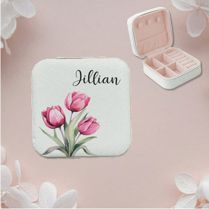Personalized Travel Jewelry Case, Custom Printed Jewelry Box with Name and Tulip Flowers, Bridesmaids Proposal Gift, Traveler gift
