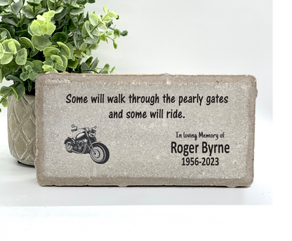 Personalized  Motorcycle Biker Memorial Gift with a variety of indoor and outdoor stone choices at www.florida-funshine.com. Our Personalized Family And Friends Memorial Stones serve as heartfelt sympathy gifts for those grieving the loss of a loved one, ensuring a lasting tribute cherished for years. Enjoy free personalization, quick shipping in 1-2 business days, and quality crafted memorials made in the USA.