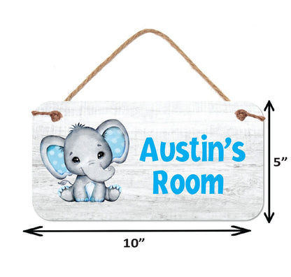 Baby Elephant Bedroom Name Sign- Baby Boy Room -Nursery Name Sign -Baby Name Sign -Personalized Name Sign -5" x 10" Door Sign- Blue Elephant