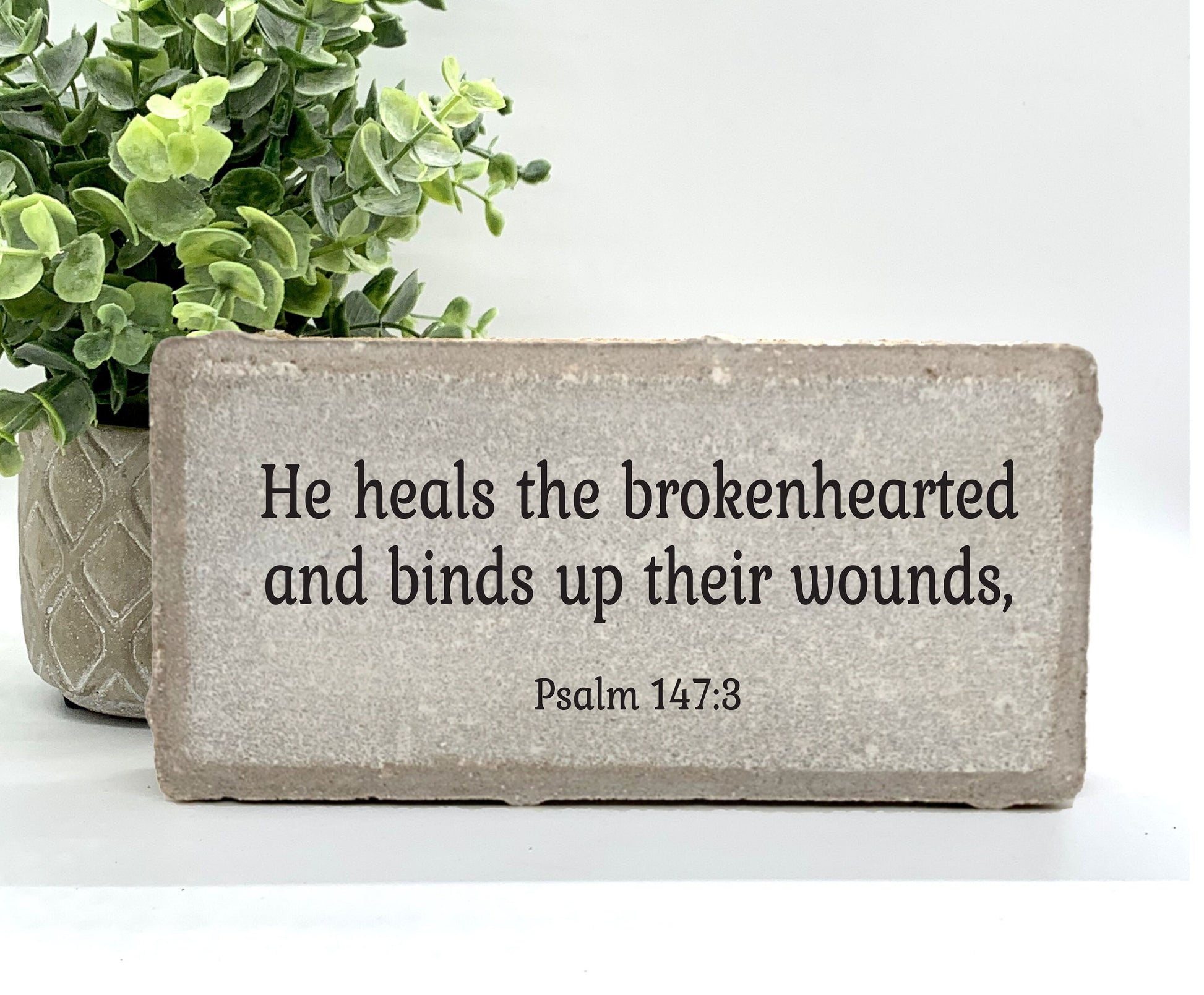 Psalm 147:3 Stone. He heals the brokenhearted and binds up their wounds. Christian Art Scripture. Home or Garden Decor. Bible Passage Plaque