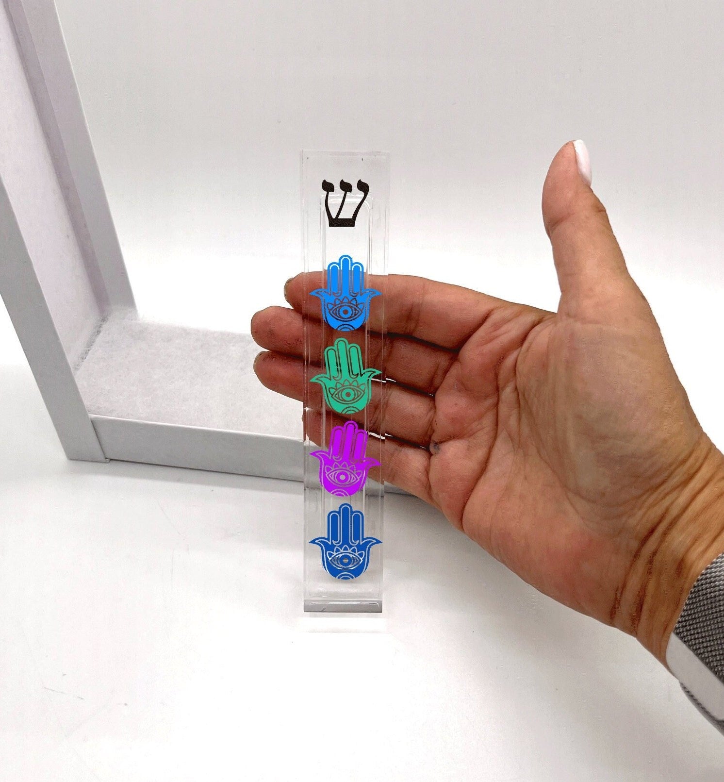 Hamsa Mezuzah - Acrylic Mezuzah - Personalized Judaica Gift - New Baby Gift - New Home Gift - Colored Hamsa Mezuzah