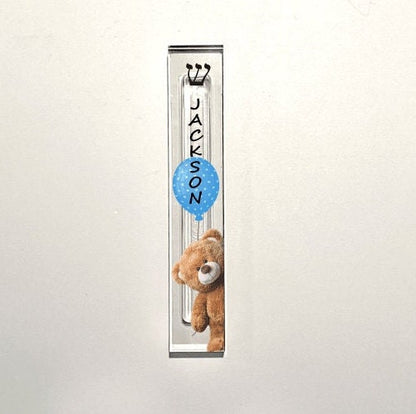 Personalized Mezuzah -Teddy Bear with Balloon - Acrylic Mezuzah - Modern Mezuzah - Personalized Judaica Gift - New Baby Gift  - Bris Gift