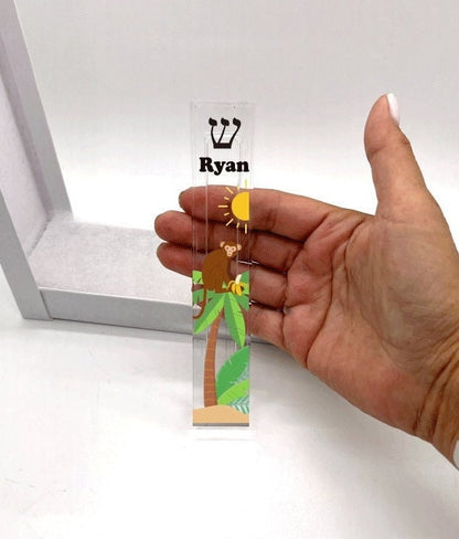 Personalized Mezuzah - Monkey Mezuzah - Custom Mezuzah - Modern Acrylic Mezuzah - Personalized Judaica Gift - New Baby Gift  - Bris Gift