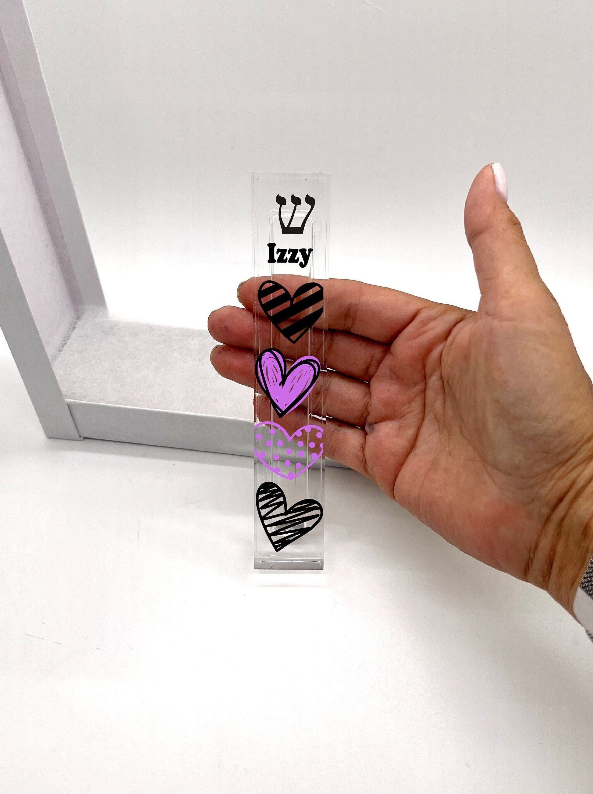 Personalized Heart Mezuzah - With or without name - Purple and Black Hearts Acrylic Mezuzah - Kids Mezuzah - New Baby Gift - Teen Mezuzah