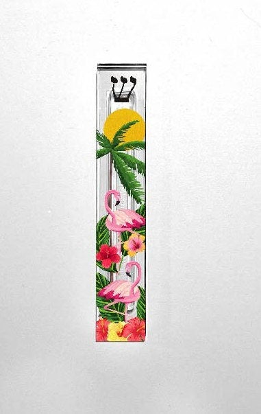 Flamingo Mezuzah - Tropical Theme Mezuzah - Modern Mezuzah - Colorful Mezuzah with Flamingos and Hibiscus Flowers - Acrylic Mezuzah Case