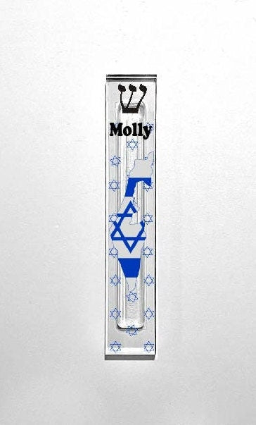 Mezuzah with shape of Israel, Israeli Flag & Jewish Star Background - With/without name - State of Israel - Modern Mezuzah - New Home Gift
