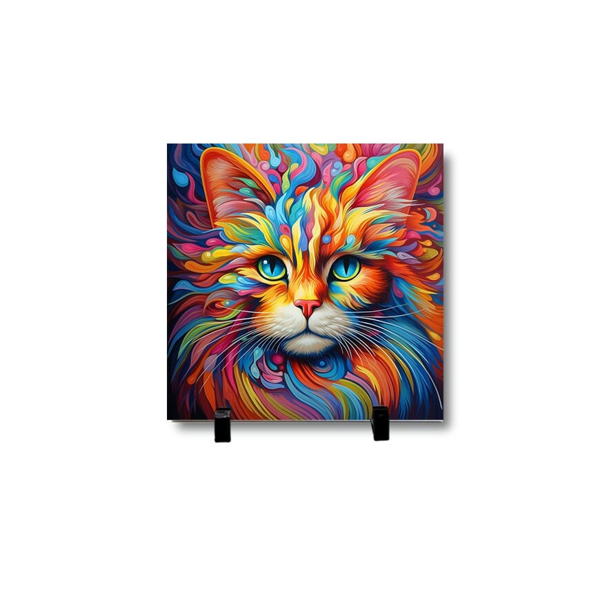 Colorful Cat Art - Custom Cat Tile, 8" x 8"