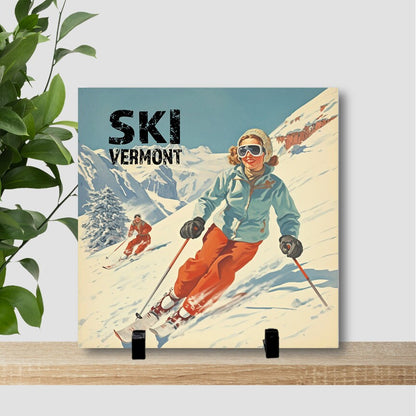 Vintage Ski Art - 8" x 8" Personalized Tile, Custom Tile with Stand - Add your own wording, ski vermont - Retro Ski Art