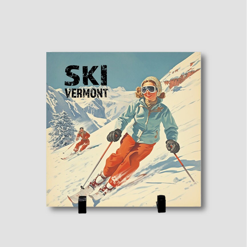 Vintage Ski Art - 8" x 8" Personalized Tile, Custom Tile with Stand - Add your own wording, ski vermont - Retro Ski Art