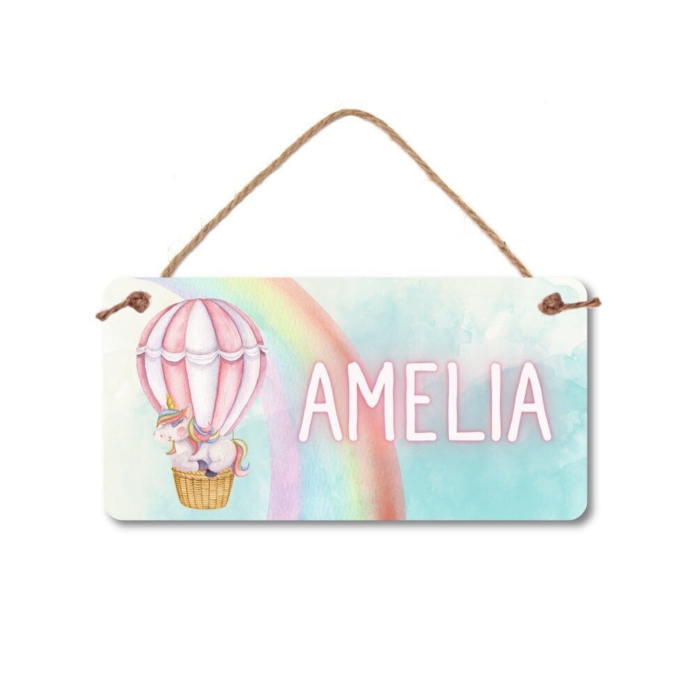 Unicorn Name Sign - 5" x 10" Room Sign - Kids bedroom Sign- Unicorn in hot air balloon with rainbow - Watercolor style Room Decor