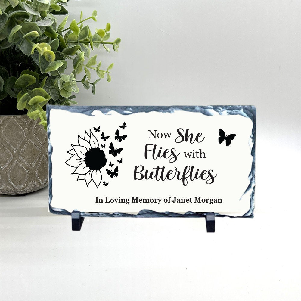 Memorial Stone - Now she flies with Butterflies - Sympathy Gift Bereavement Gift Funeral Gift - Condolence Gift - Custom Memorial Gift