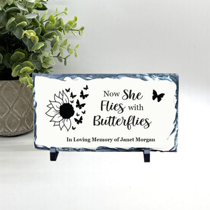 Memorial Stone - Now she flies with Butterflies - Sympathy Gift Bereavement Gift Funeral Gift - Condolence Gift - Custom Memorial Gift