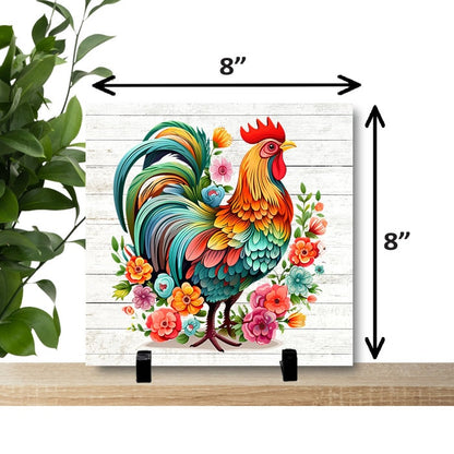 Chicken Art - Custom Chicken Tile, 8" x 8" custom Tile, Ceramic Tile Chicken with flowers Image