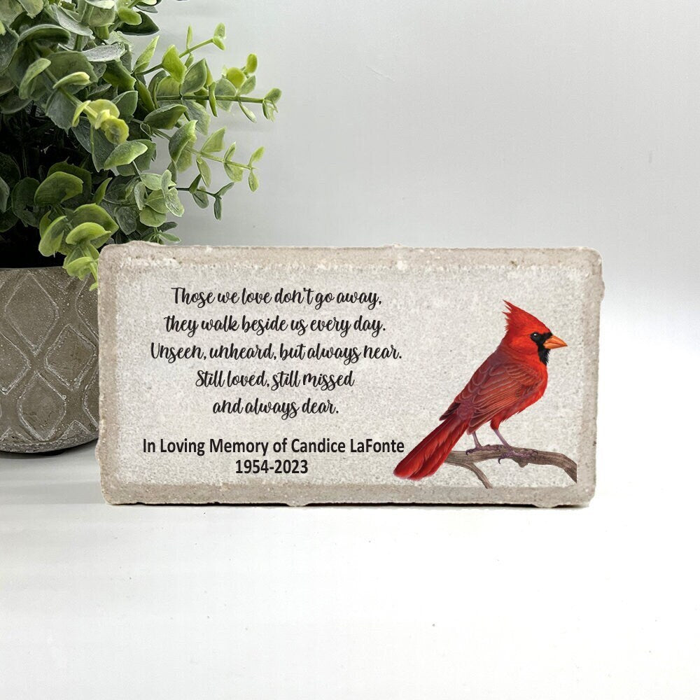 Personalized  Cardinal Memorial Gift with a variety of indoor and outdoor stone choices at www.florida-funshine.com. Our Personalized Family And Friends Memorial Stones serve as heartfelt sympathy gifts for those grieving the loss of a loved one, ensuring a lasting tribute cherished for years. Enjoy free personalization, quick shipping in 1-2 business days, and quality crafted memorials made in the USA.