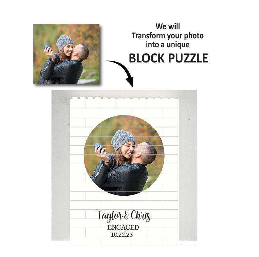 Custom Engagement Gift, Photo Brick Puzzle, Personalized Building Blocks, Unique Portrait Photograph Gift for newly engaged couples