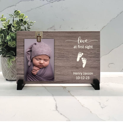 Personalized new baby gift, Love at first sight personalized Wood Frame with baby's name and birth date on wood color of your choice