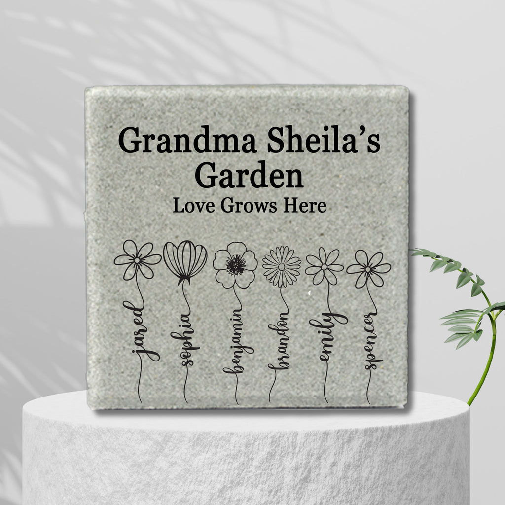 Grandma Gift - Personalized Garden Stone gift for Nana, Grandma, Includes names of grandchildren on flowers, 12